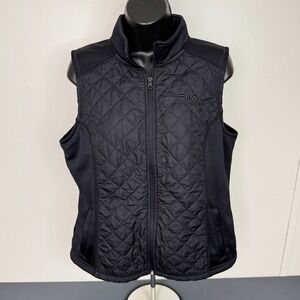 Fila Sport Vest Womens Large Black Quilted Puffer Full Zip Mock Neck Sleeveless